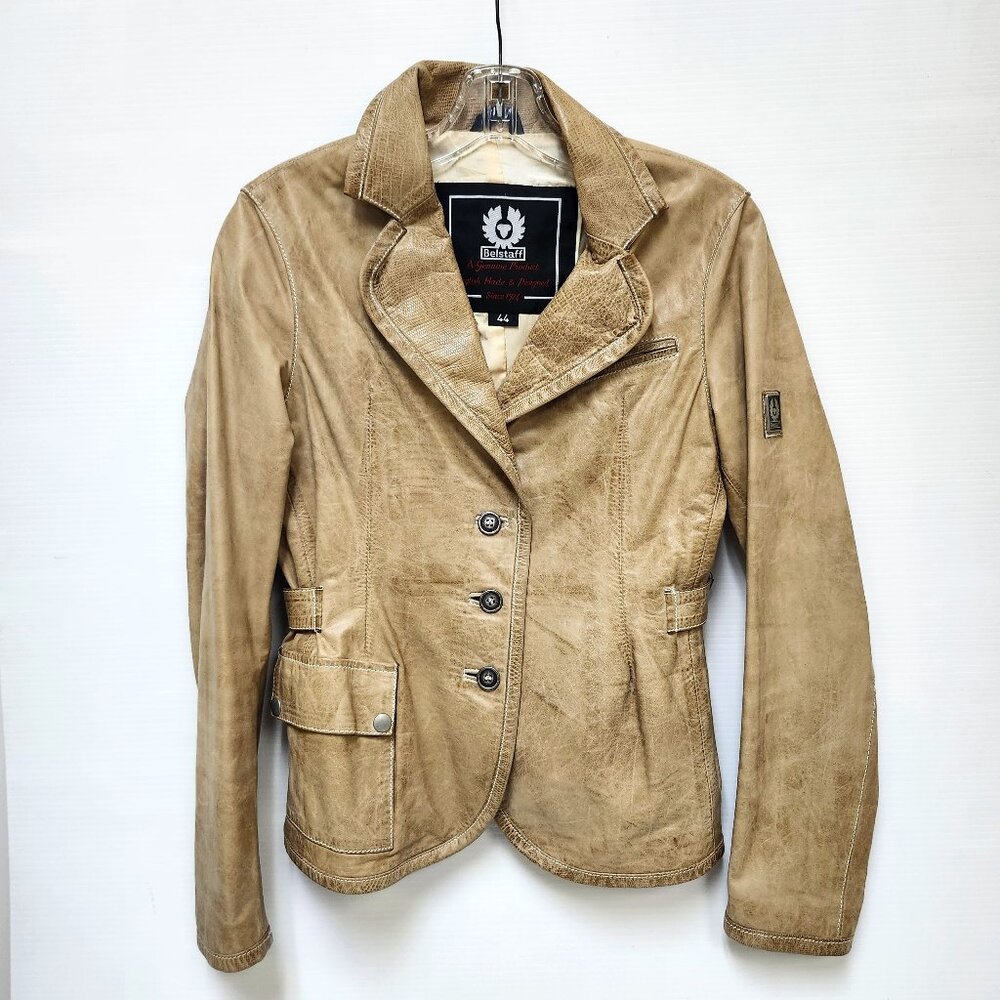 Belstaff Women's Tan Leather Jacket W/Pocket & Straps Size 44